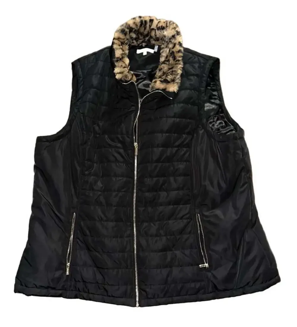 Calvin Klein Black Puffer Vest with Leopard Print Faux Fur Collar, Size 1X